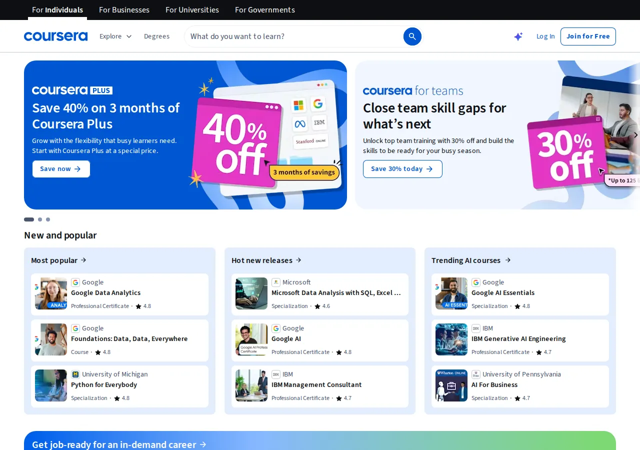 Coursera 平台界面预览 - 首页界面示意